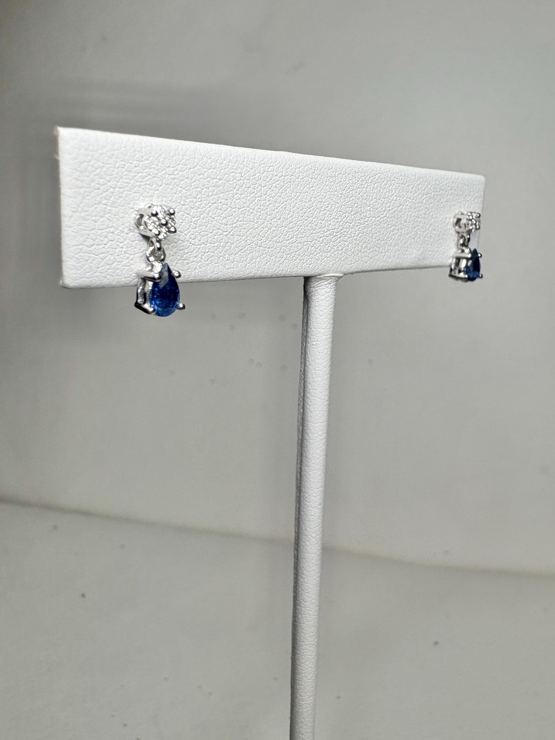 Sapphire and Diamond Dangle Drop Earrings Solid 14k White Gold Pear Shape - NewLifeJewelryVault
