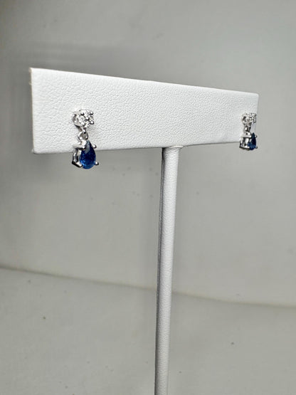 Sapphire and Diamond Dangle Drop Earrings Solid 14k White Gold Pear Shape - NewLifeJewelryVault
