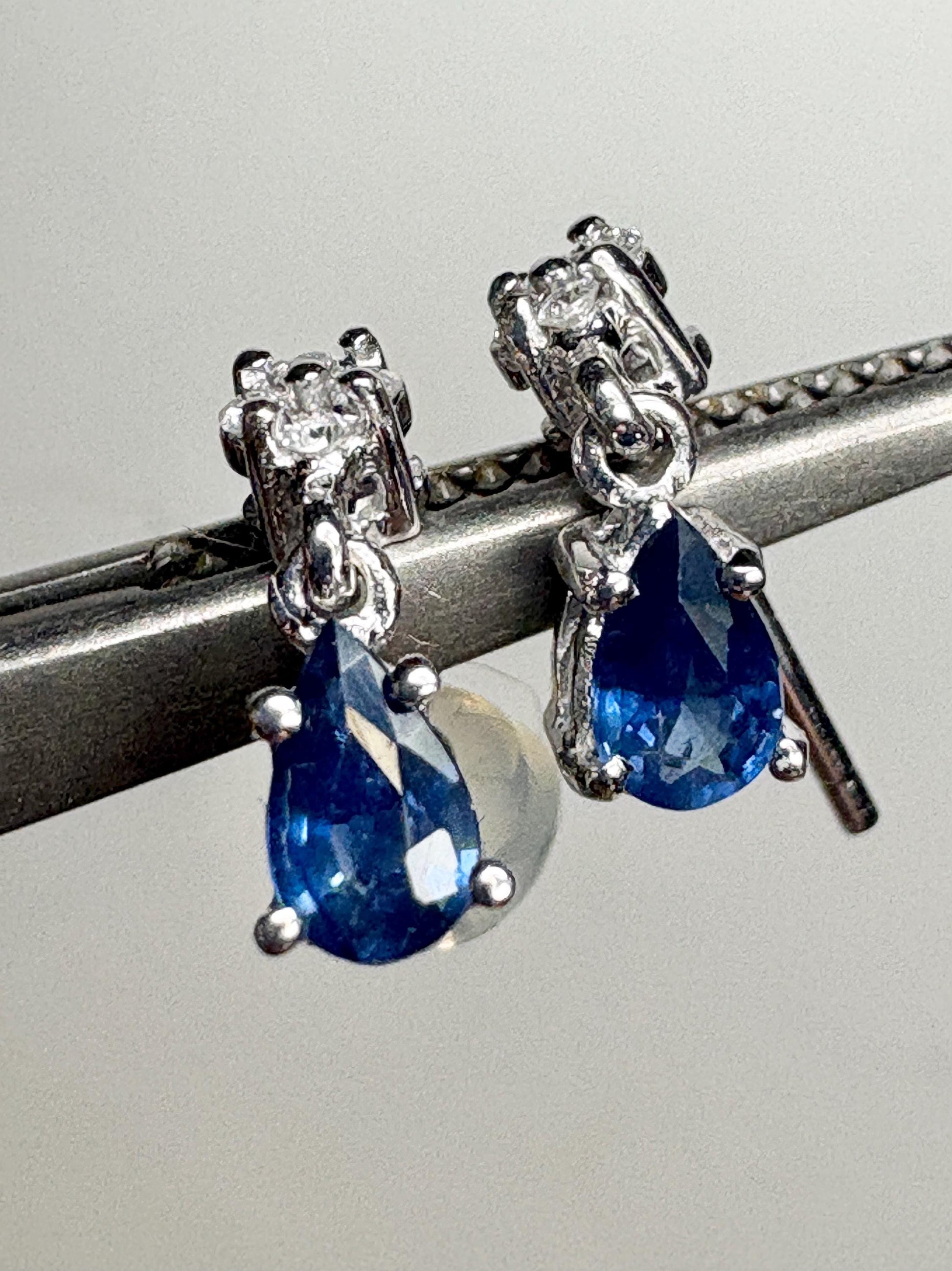 Sapphire and Diamond Dangle Drop Earrings Solid 14k White Gold Pear Shape - NewLifeJewelryVault