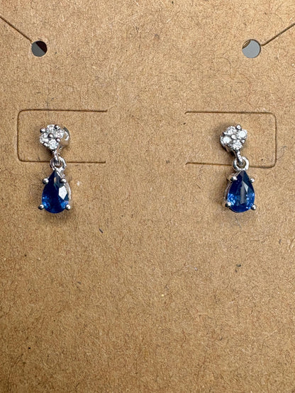 Sapphire and Diamond Dangle Drop Earrings Solid 14k White Gold Pear Shape - NewLifeJewelryVault