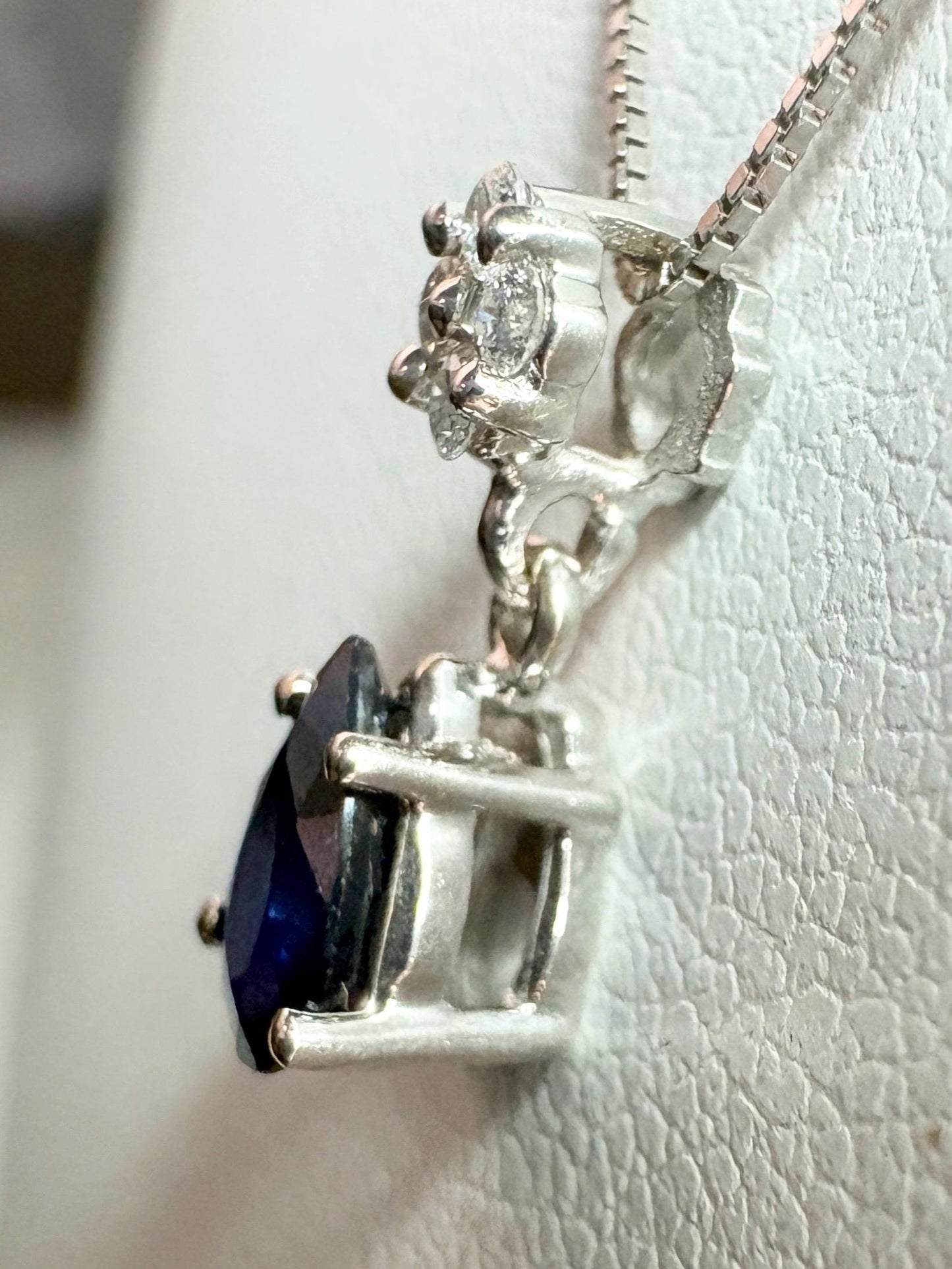 Sapphire and Diamond Pear Pendant Necklace Solid 14k and 10k White Gold 18" - NewLifeJewelryVault
