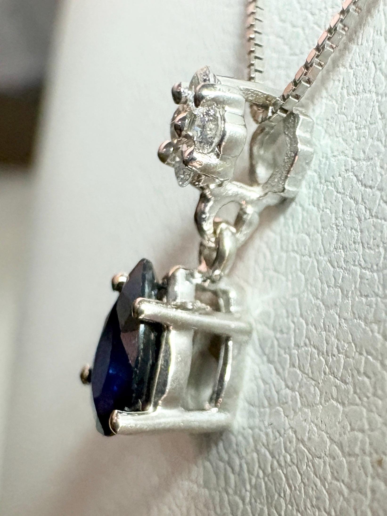 Sapphire and Diamond Pear Pendant Necklace Solid 14k and 10k White Gold 18" - NewLifeJewelryVault