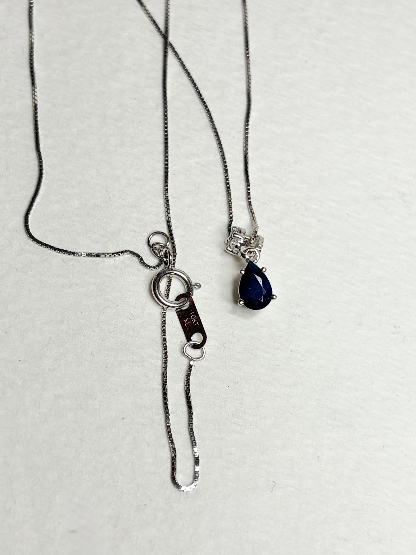 Sapphire and Diamond Pear Pendant Necklace Solid 14k and 10k White Gold 18" - NewLifeJewelryVault