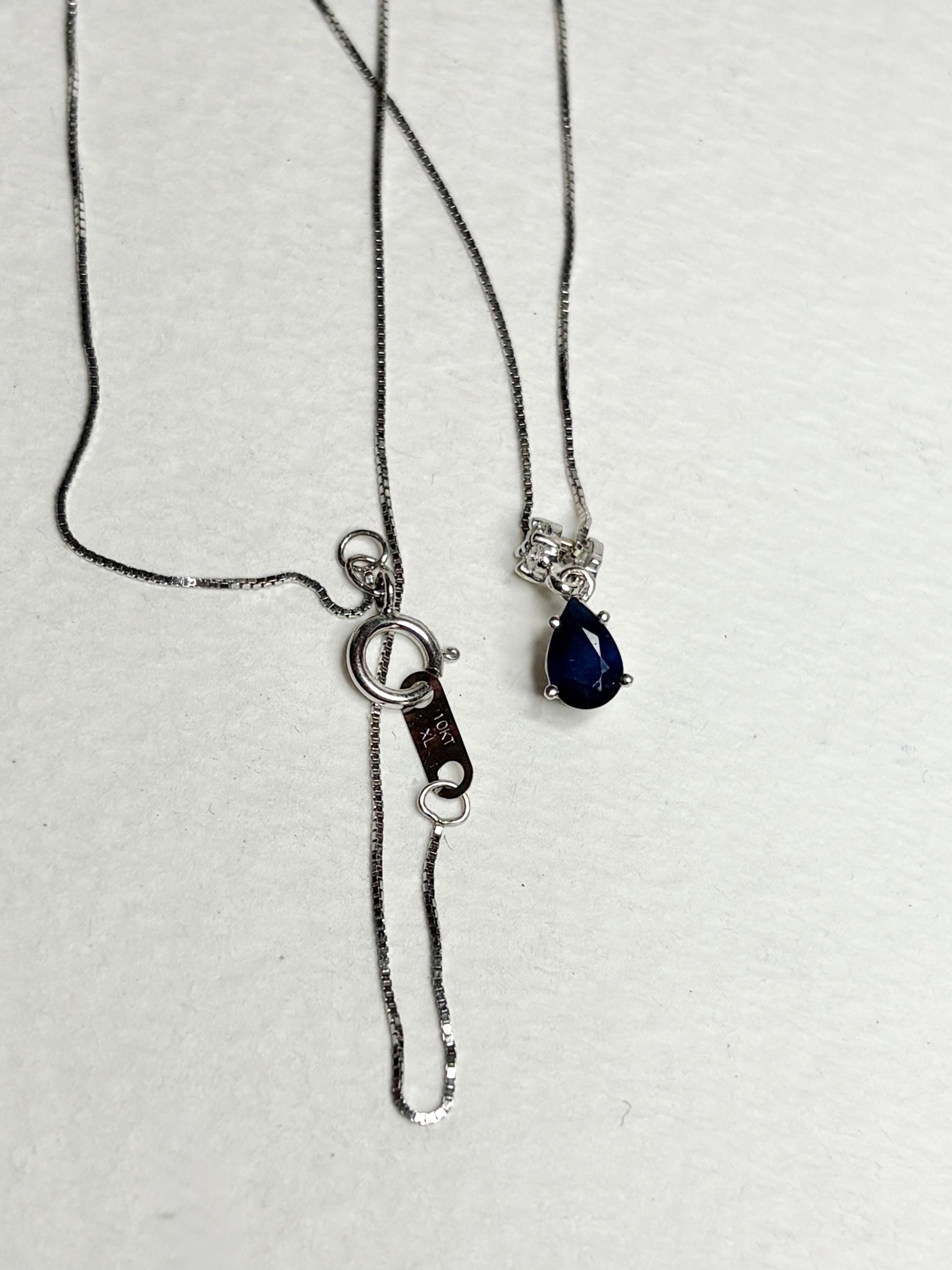 Sapphire and Diamond Pear Pendant Necklace Solid 14k and 10k White Gold 18" - NewLifeJewelryVault