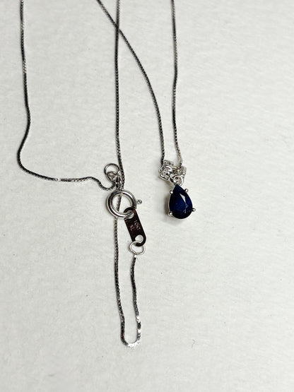 Sapphire and Diamond Pear Pendant Necklace Solid 14k and 10k White Gold 18" - NewLifeJewelryVault