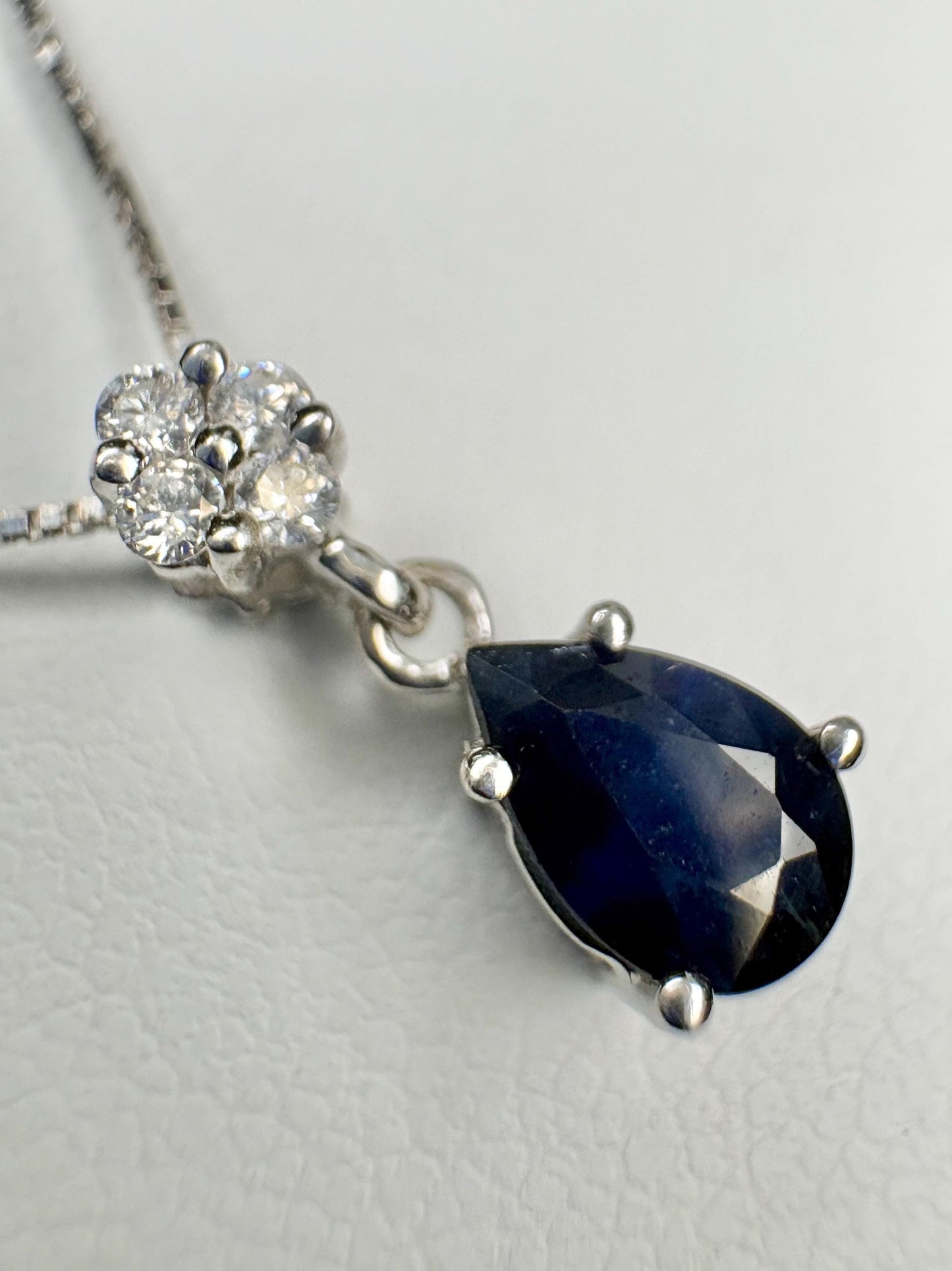 Sapphire and Diamond Pear Pendant Necklace Solid 14k and 10k White Gold 18" - NewLifeJewelryVault