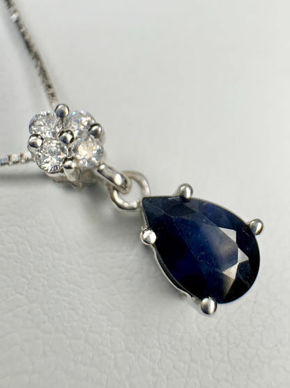 Sapphire and Diamond Pear Pendant Necklace Solid 14k and 10k White Gold 18" - NewLifeJewelryVault