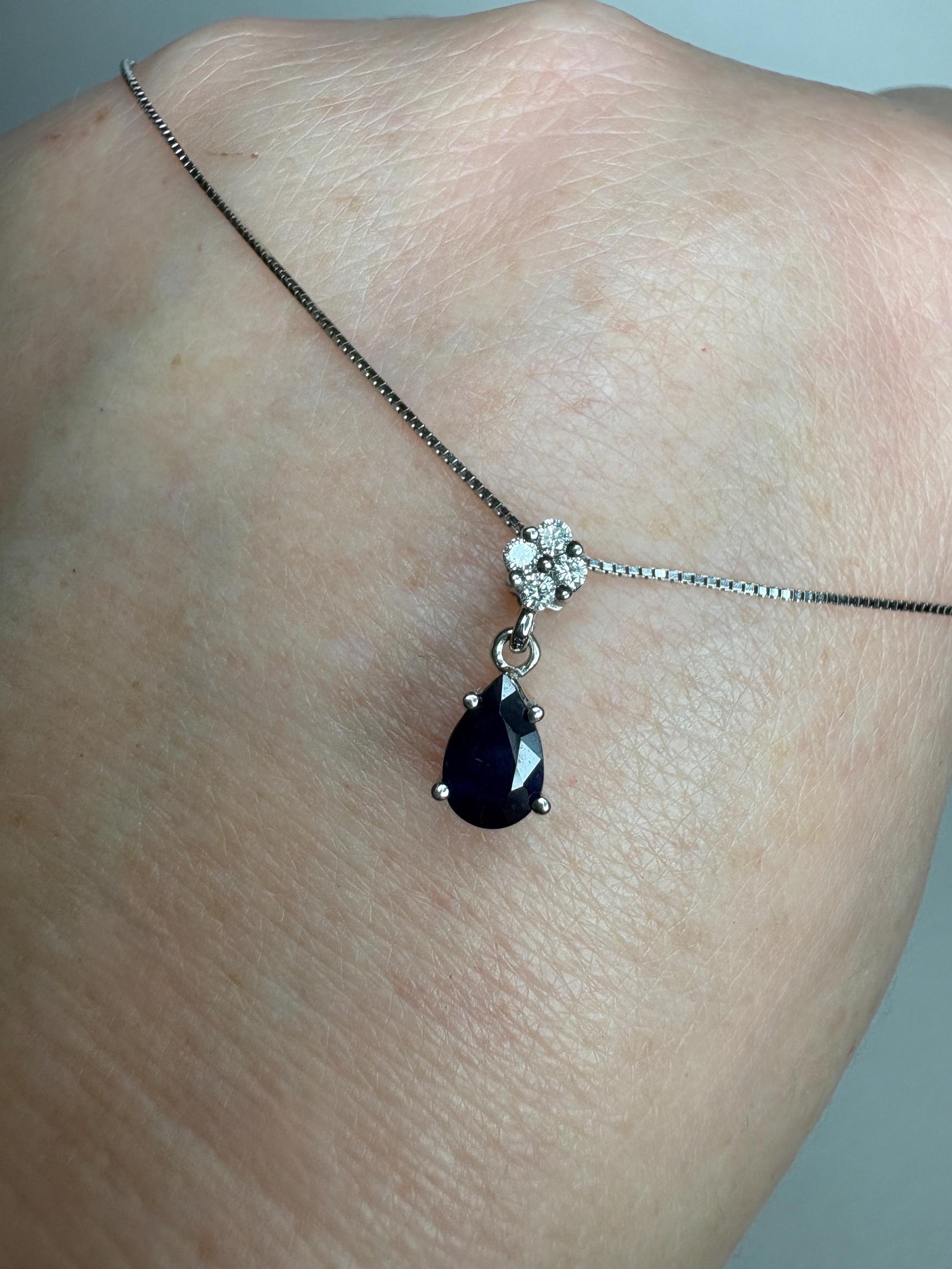 Sapphire and Diamond Pear Pendant Necklace Solid 14k and 10k White Gold 18" - NewLifeJewelryVault