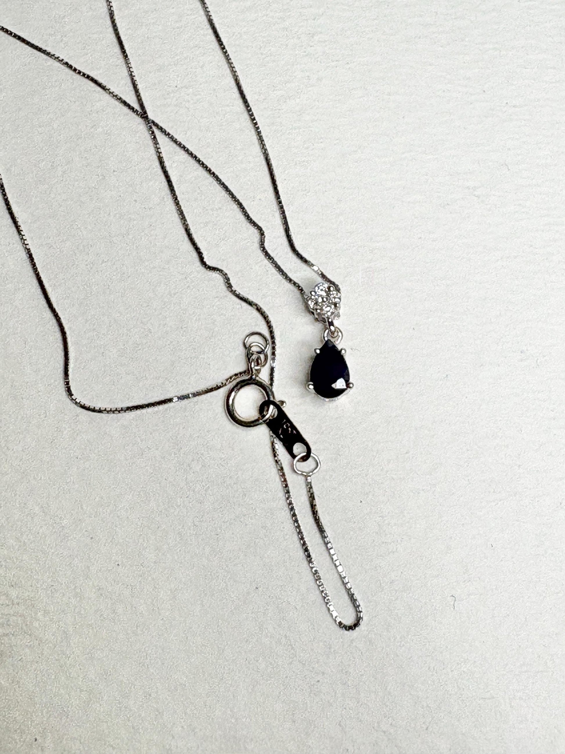 Sapphire and Diamond Pear Pendant Necklace Solid 14k and 10k White Gold 18" - NewLifeJewelryVault