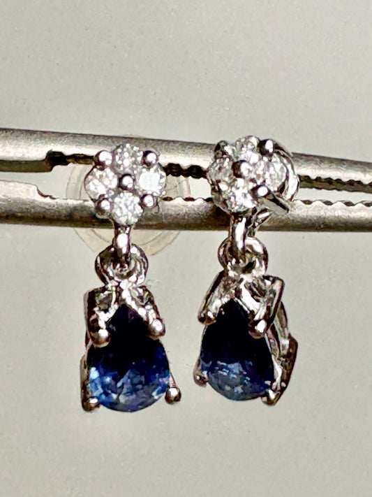 Sapphire and Diamond Dangle Drop Earrings Solid 14k White Gold Pear Shape - NewLifeJewelryVault
