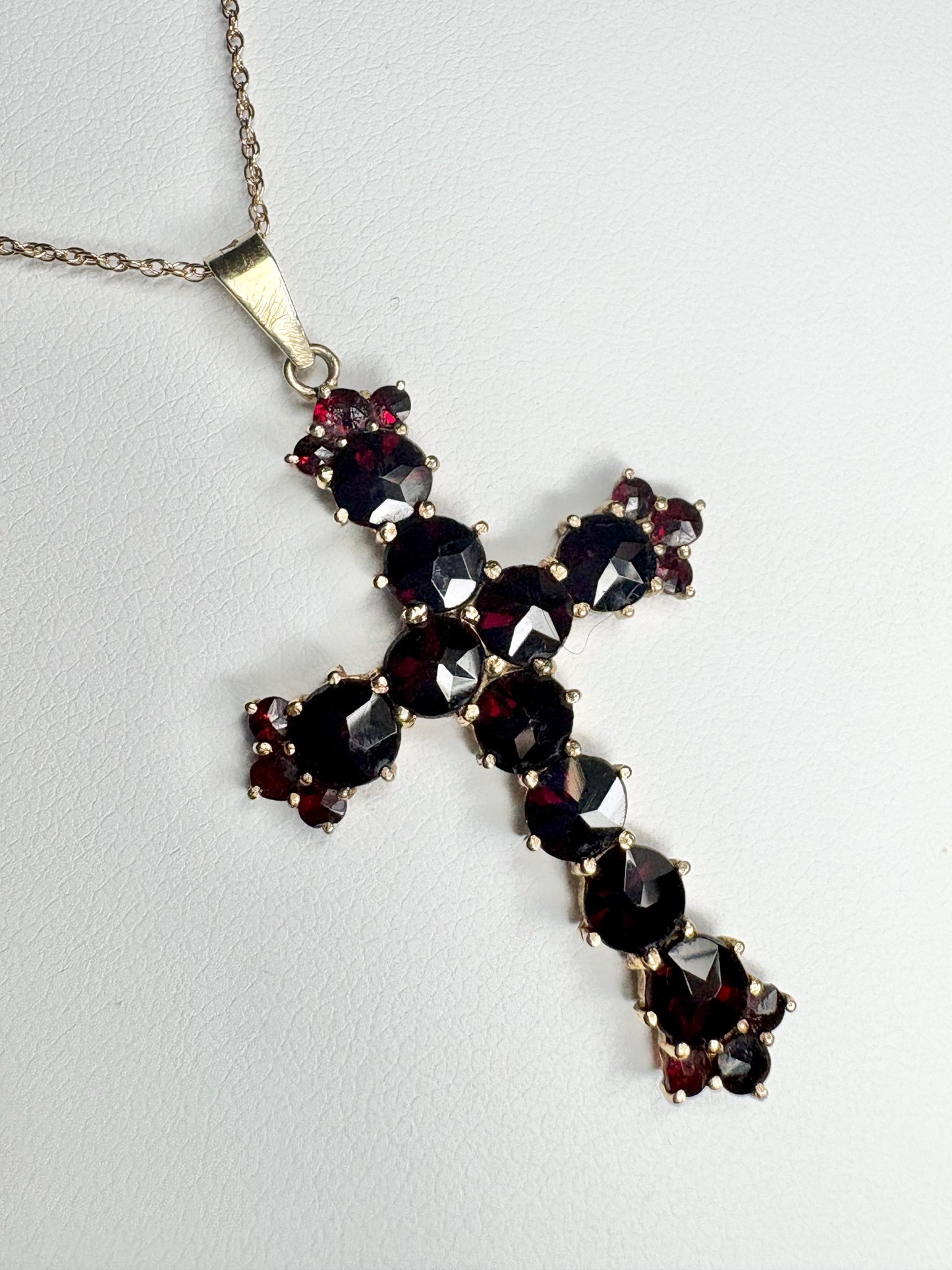 Bohemian Rose Cut Garnet Cross Pendant Necklace 10k with 14k Chain 18" - NewLifeJewelryVault