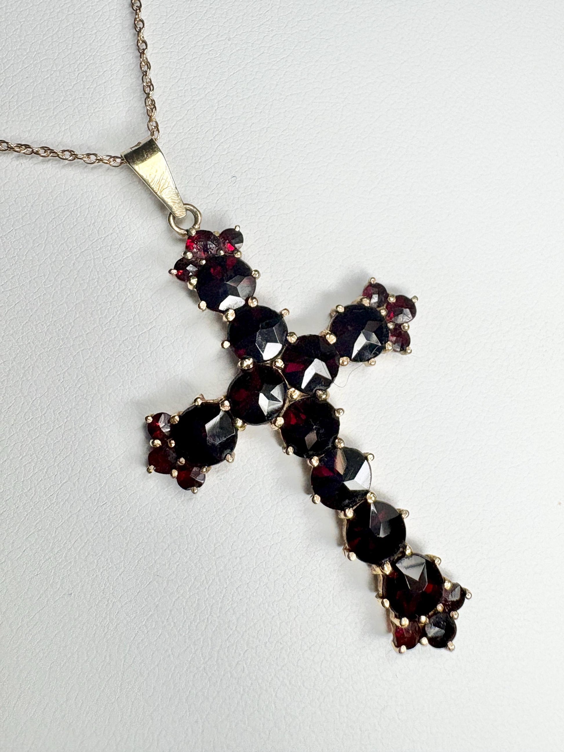 Bohemian Rose Cut Garnet Cross Pendant Necklace 10k with 14k Chain 18" - NewLifeJewelryVault
