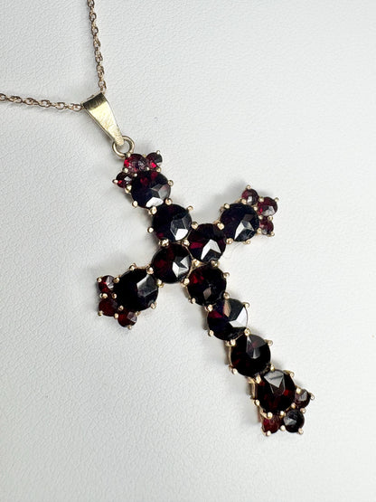 Bohemian Rose Cut Garnet Cross Pendant Necklace 10k with 14k Chain 18" - NewLifeJewelryVault