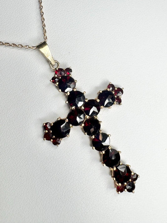 Bohemian Rose Cut Garnet Cross Pendant Necklace 10k with 14k Chain 18" - NewLifeJewelryVault