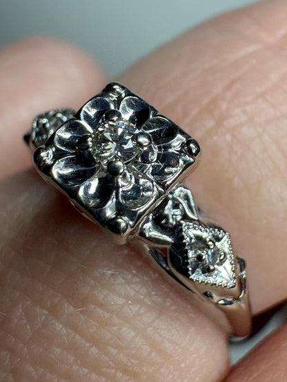 Retro Diamond Solitaire Ring Solid 14k White Gold size 6.75 - NewLifeJewelryVault