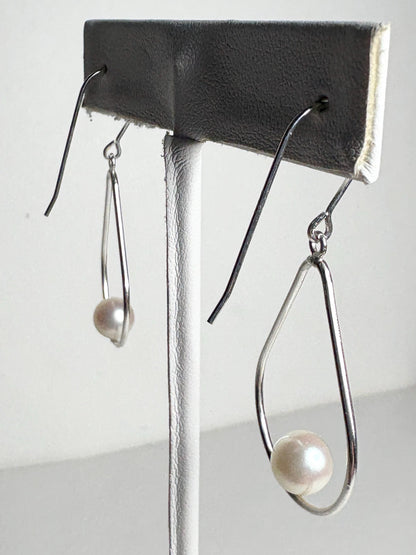 Akoya Cultured Pearl Open Tear Dangle Drop Earrings in Sterling silver 6.8mm - NewLifeJewelryVault