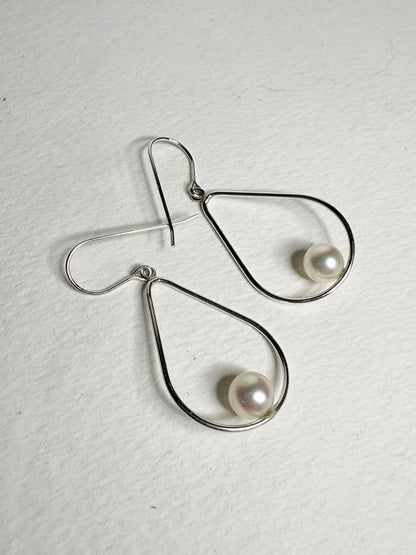 Akoya Cultured Pearl Open Tear Dangle Drop Earrings in Sterling silver 6.8mm - NewLifeJewelryVault