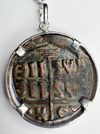 Ancient Follis Anonymous Byzantine Bronze Coin of Christ in Sterling Silver 20" - NewLifeJewelryVault