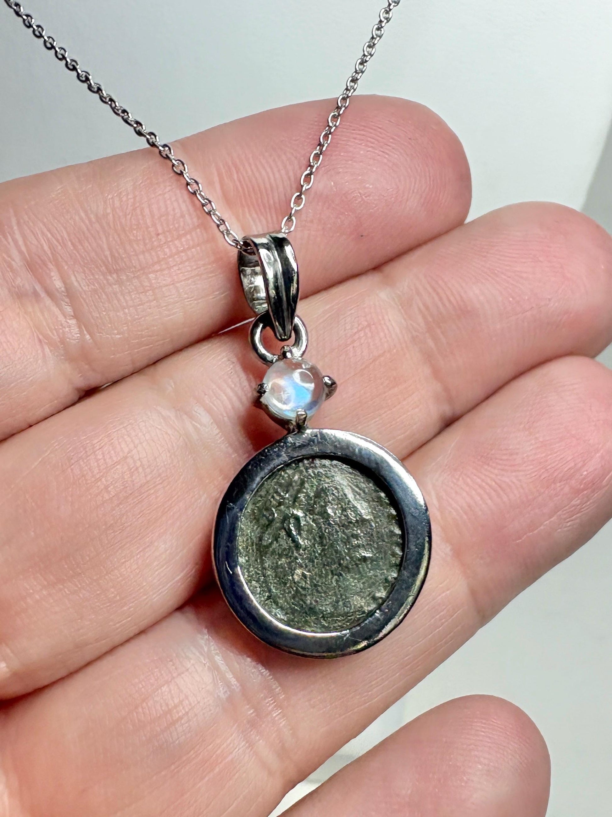 Ancient Roman Bronze Coin Constantius II and Rainbow Moonstone Pendant Necklace in Sterling silver 20" - NewLifeJewelryVault