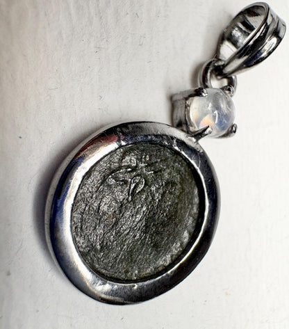 Ancient Roman Bronze Coin Constantius II and Rainbow Moonstone Pendant Necklace in Sterling silver 20" - NewLifeJewelryVault
