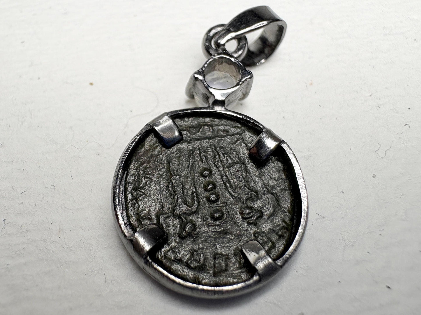 Ancient Roman Bronze Coin Constantius II and Rainbow Moonstone Pendant Necklace in Sterling silver 20" - NewLifeJewelryVault