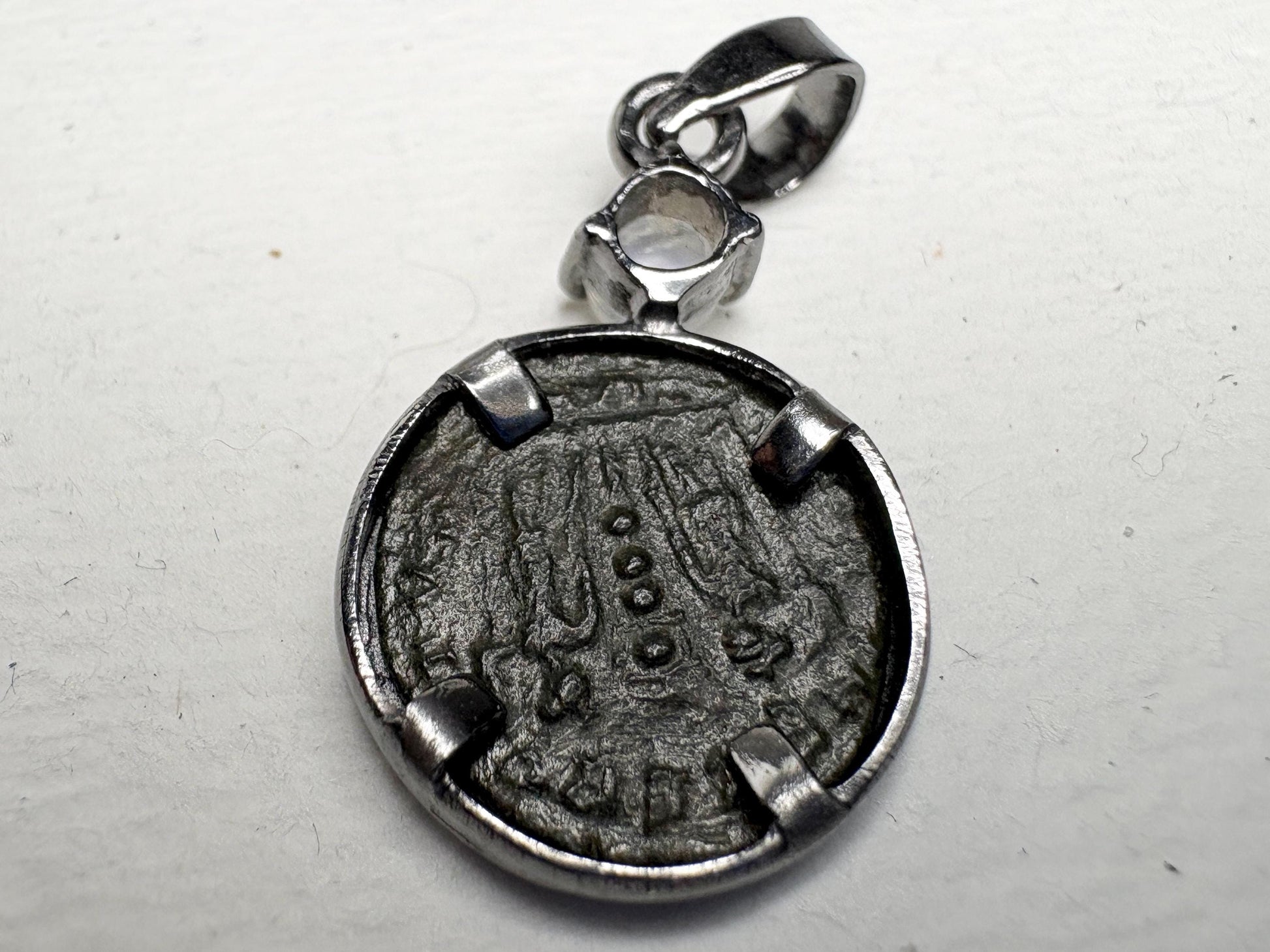 Ancient Roman Bronze Coin Constantius II and Rainbow Moonstone Pendant Necklace in Sterling silver 20" - NewLifeJewelryVault