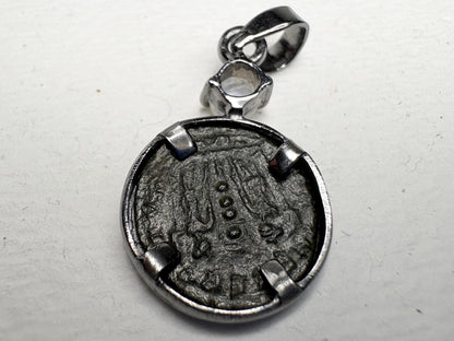 Ancient Roman Bronze Coin Constantius II and Rainbow Moonstone Pendant Necklace in Sterling silver 20" - NewLifeJewelryVault
