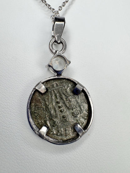 Ancient Roman Bronze Coin Constantius II and Rainbow Moonstone Pendant Necklace in Sterling silver 20" - NewLifeJewelryVault