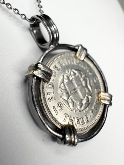 British Three Pence Silver Coin 1940 Pendant Necklace in Sterling Silver 18" - NewLifeJewelryVault