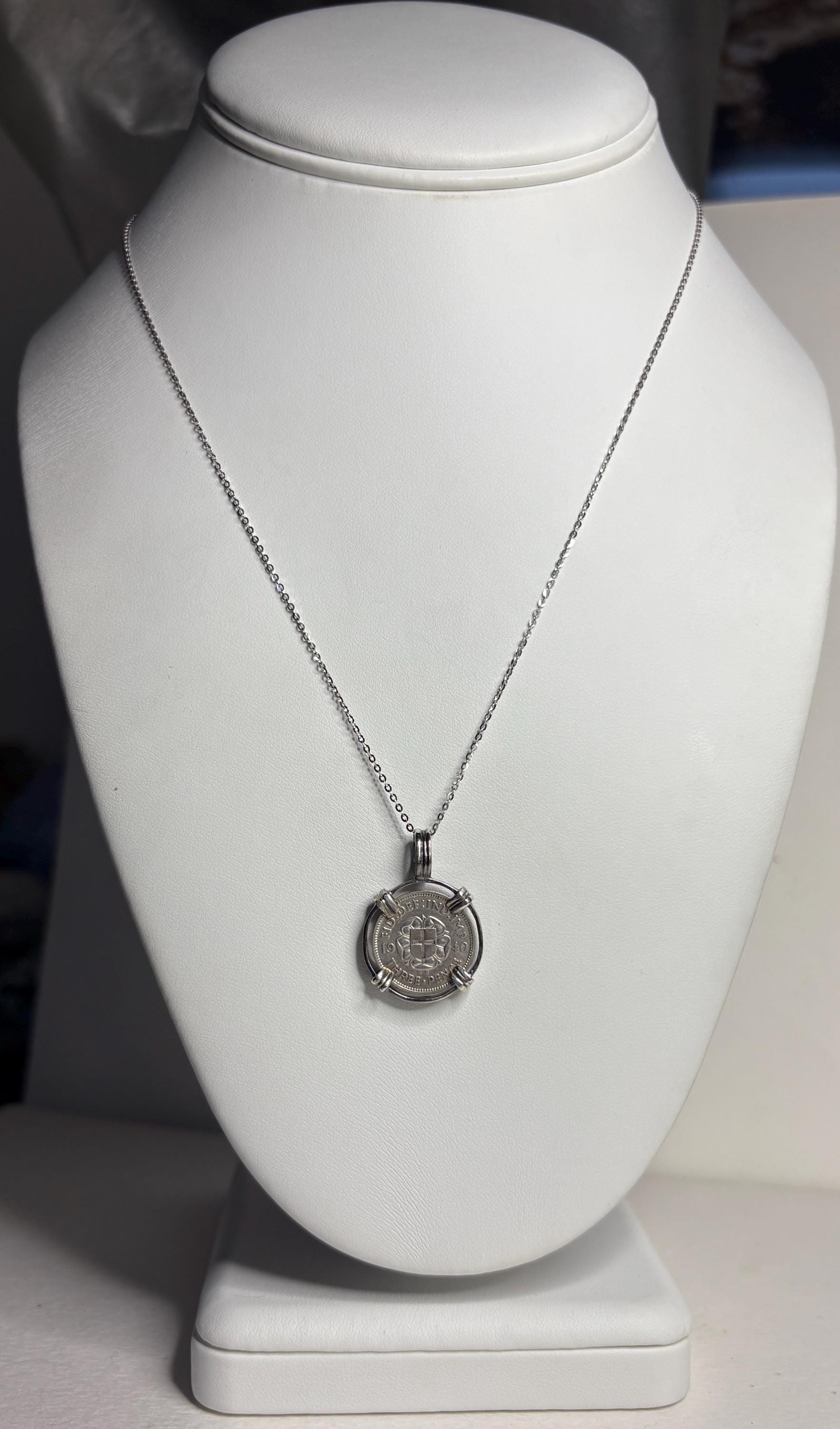 British Three Pence Silver Coin 1940 Pendant Necklace in Sterling Silver 18" - NewLifeJewelryVault