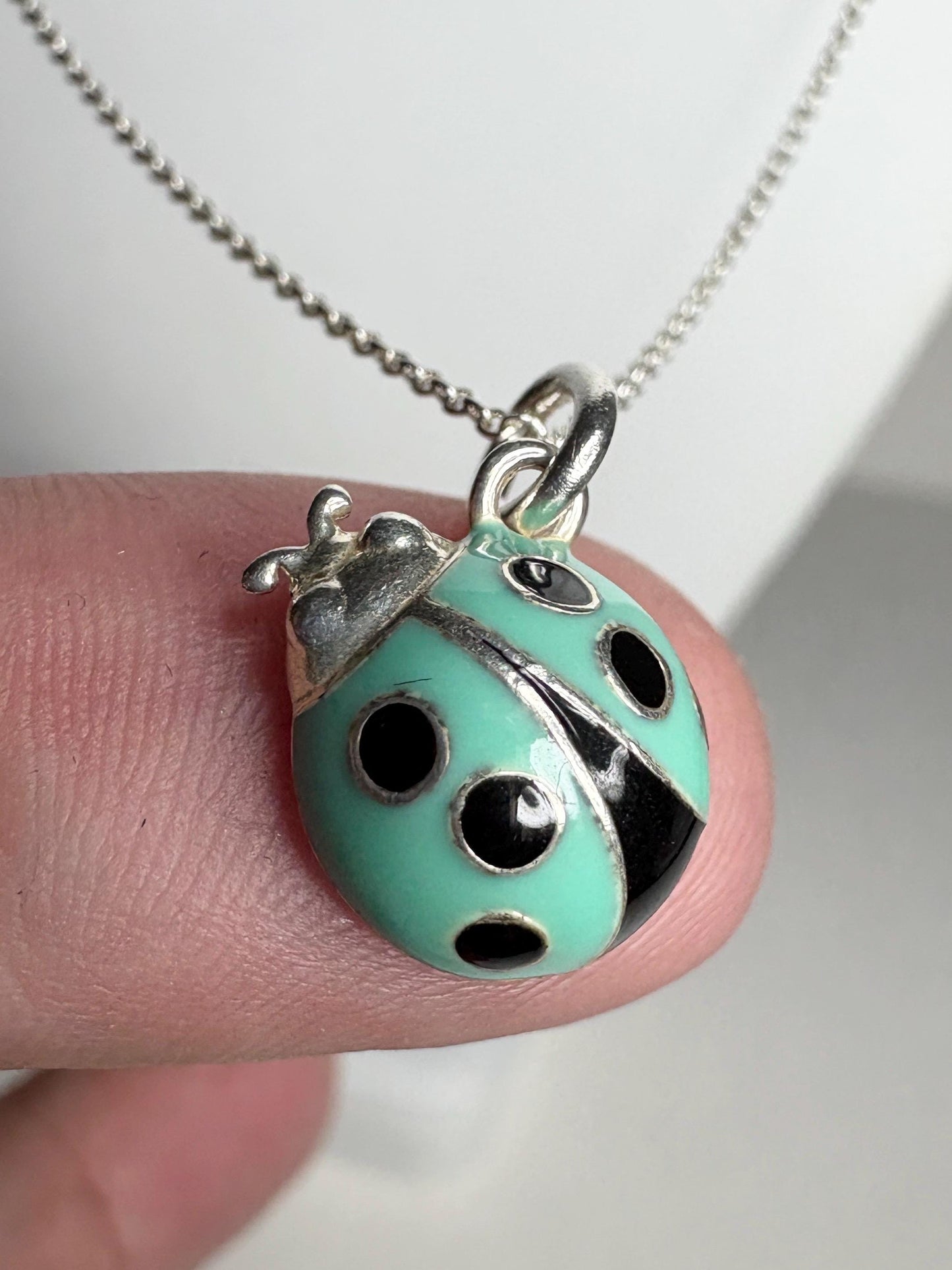Tiffany & Co Blue Enameled Ladybug Charm Pendant Necklace Sterling Silver 19" with Box - NewLifeJewelryVault