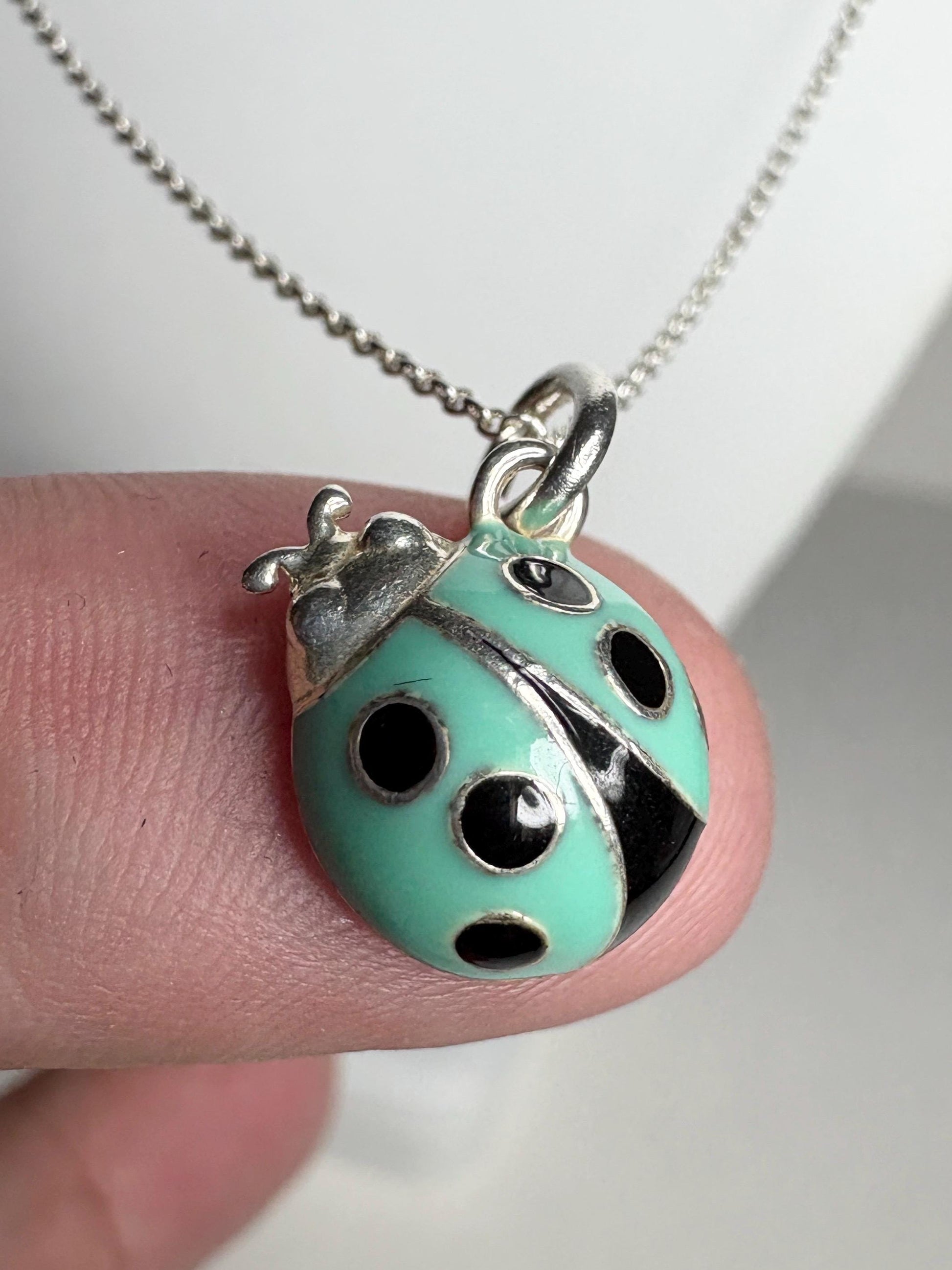 Tiffany & Co Blue Enameled Ladybug Charm Pendant Necklace Sterling Silver 19" with Box - NewLifeJewelryVault
