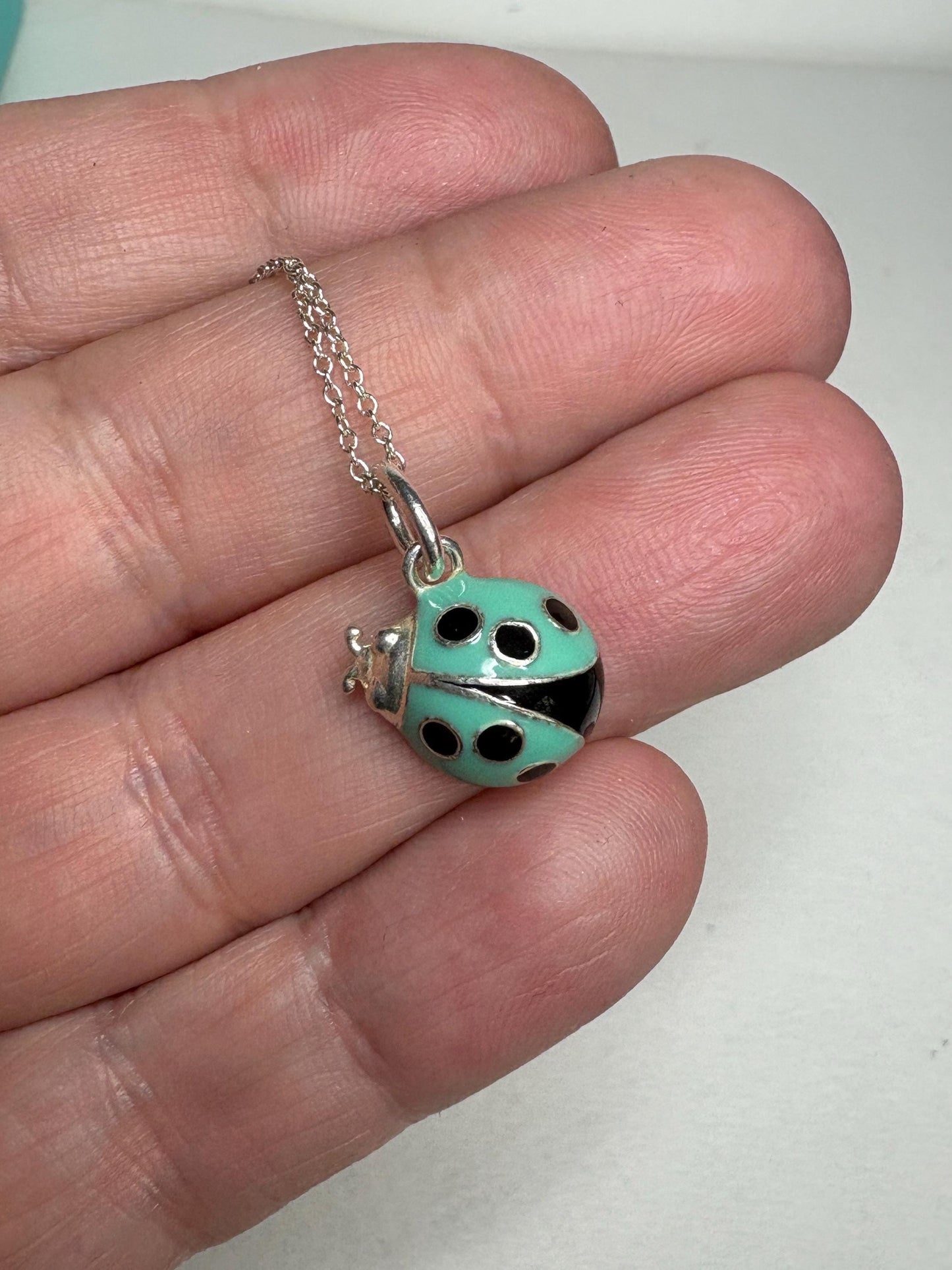 Tiffany & Co Blue Enameled Ladybug Charm Pendant Necklace Sterling Silver 19" with Box - NewLifeJewelryVault