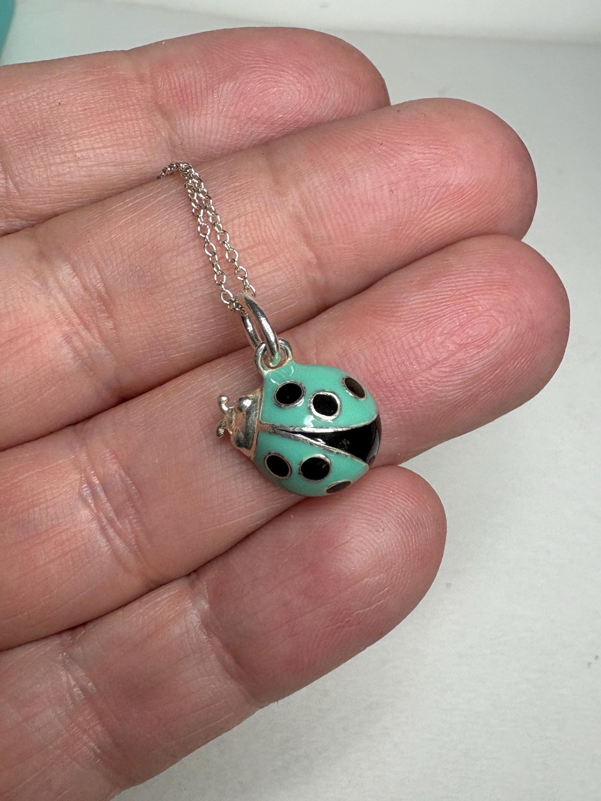 Tiffany & Co Blue Enameled Ladybug Charm Pendant Necklace Sterling Silver 19" with Box - NewLifeJewelryVault
