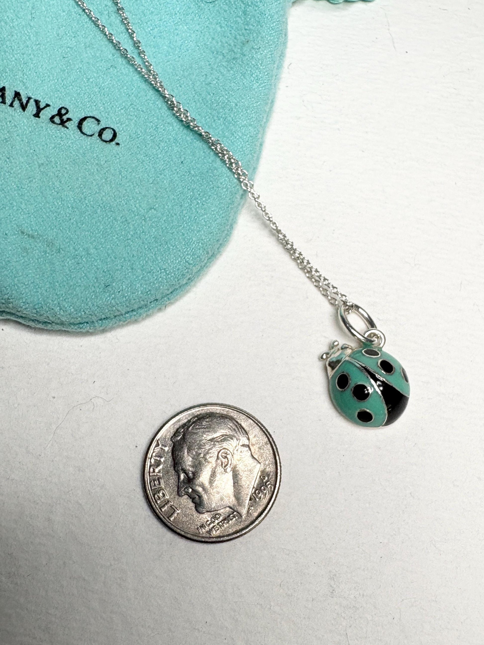 Tiffany & Co Blue Enameled Ladybug Charm Pendant Necklace Sterling Silver 19" with Box - NewLifeJewelryVault
