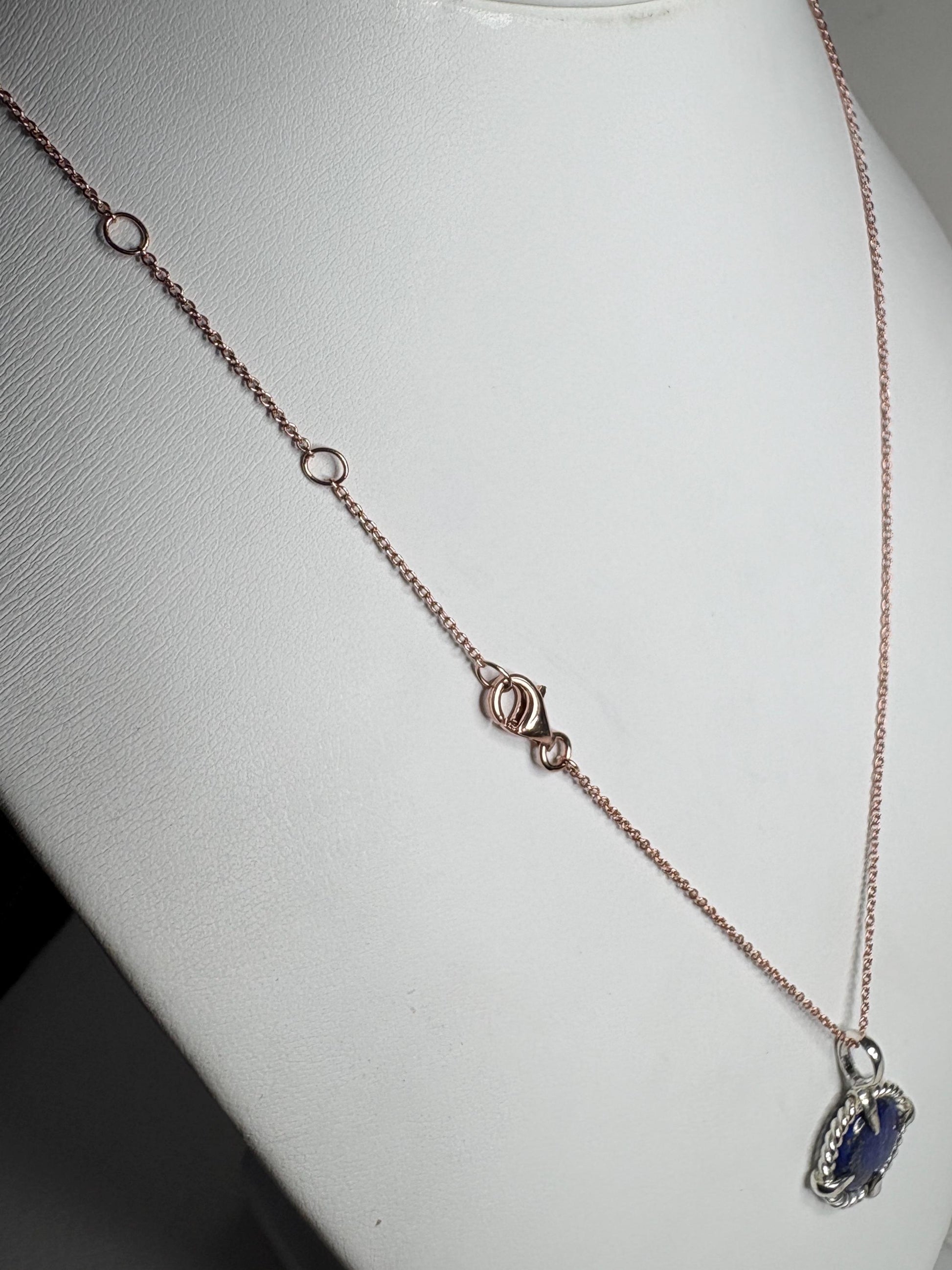Lapis Lazuli Rope Bezel Pendant Necklace in Sterling Silver with Rose Adjustable Chain 16-18" - NewLifeJewelryVault