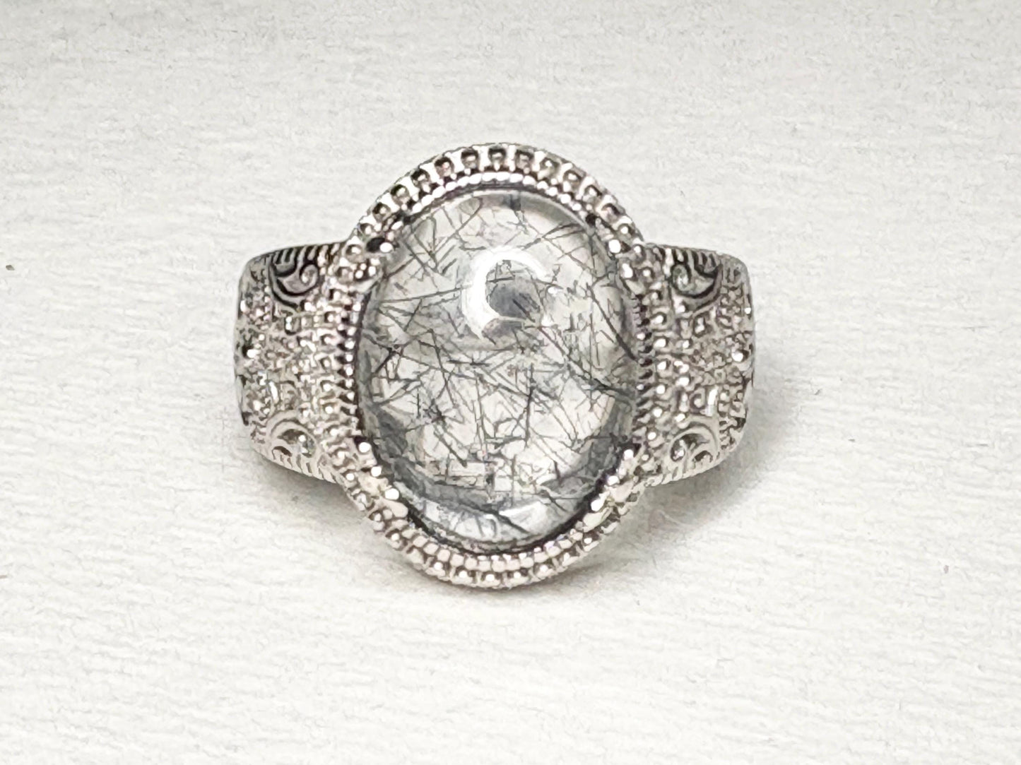 Tourmalated Quartz Cabochon Ring Sterling Silver size 7 - NewLifeJewelryVault