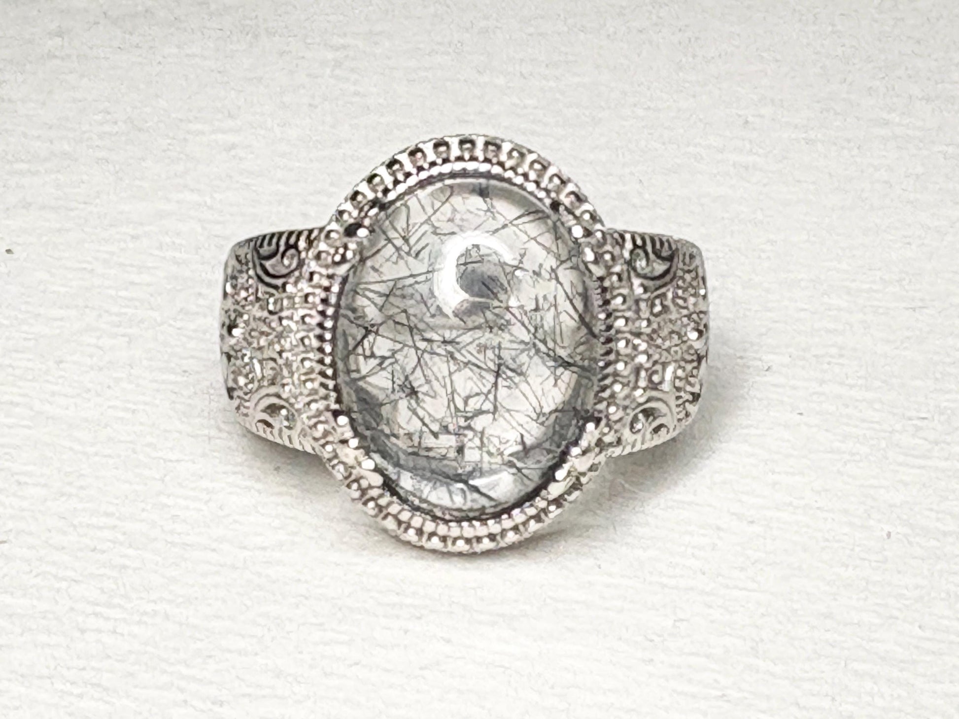 Tourmalated Quartz Cabochon Ring Sterling Silver size 7 - NewLifeJewelryVault