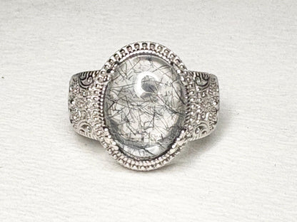 Tourmalated Quartz Cabochon Ring Sterling Silver size 7 - NewLifeJewelryVault