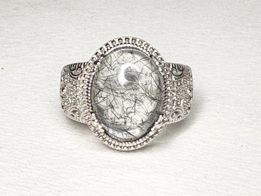 Tourmalated Quartz Cabochon Ring Sterling Silver size 7 - NewLifeJewelryVault