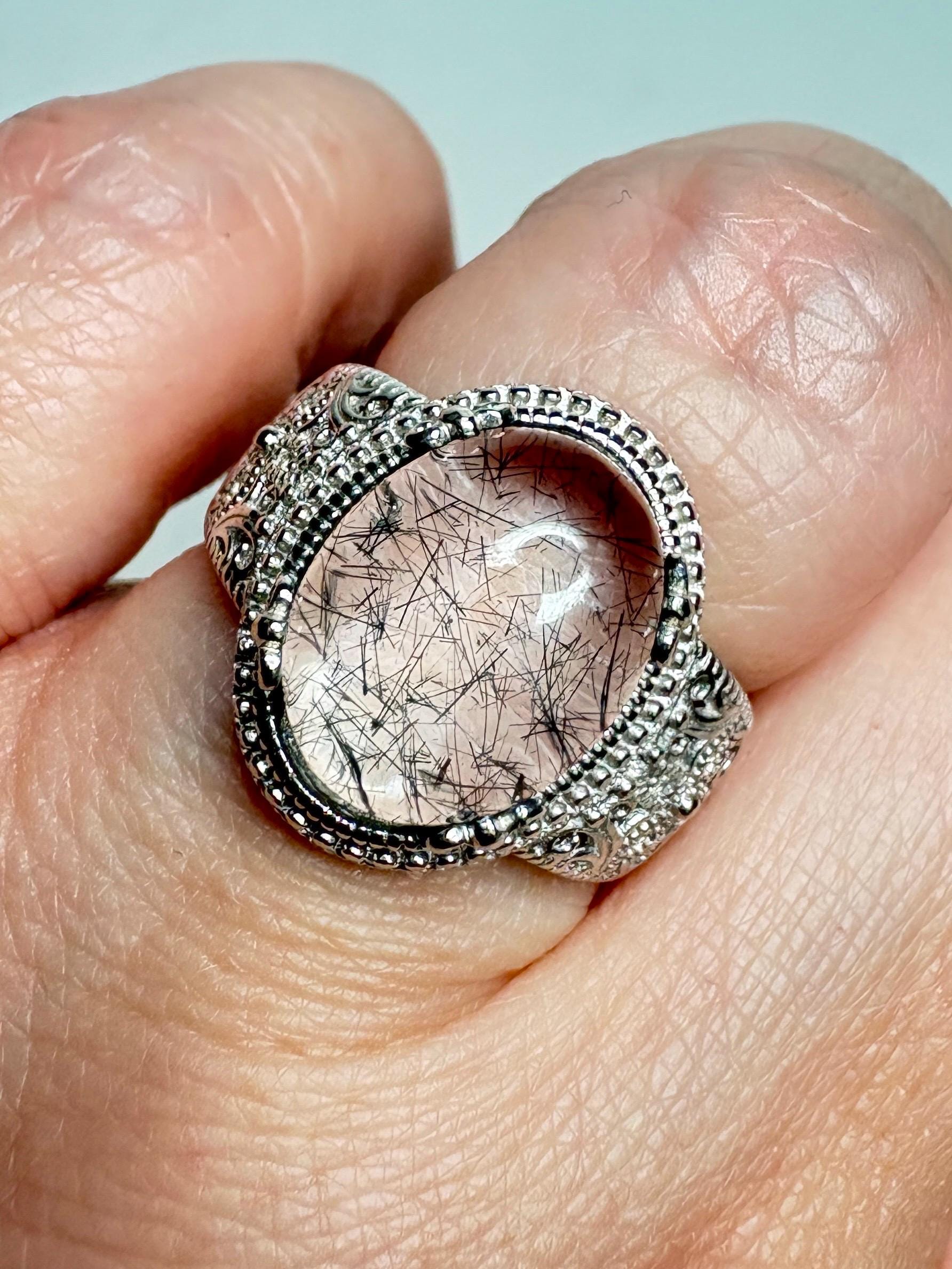 Tourmalated Quartz Cabochon Ring Sterling Silver size 7 - NewLifeJewelryVault