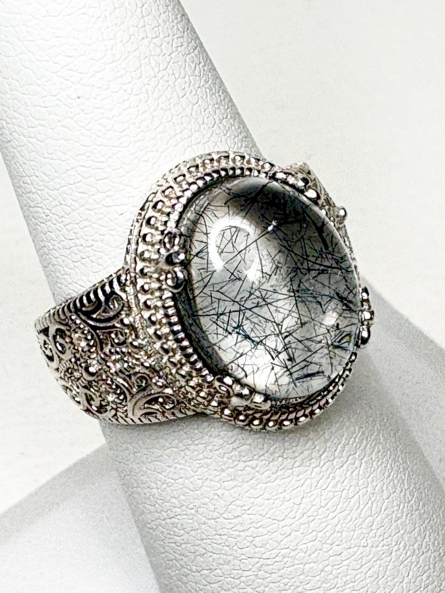 Tourmalated Quartz Cabochon Ring Sterling Silver size 7 - NewLifeJewelryVault