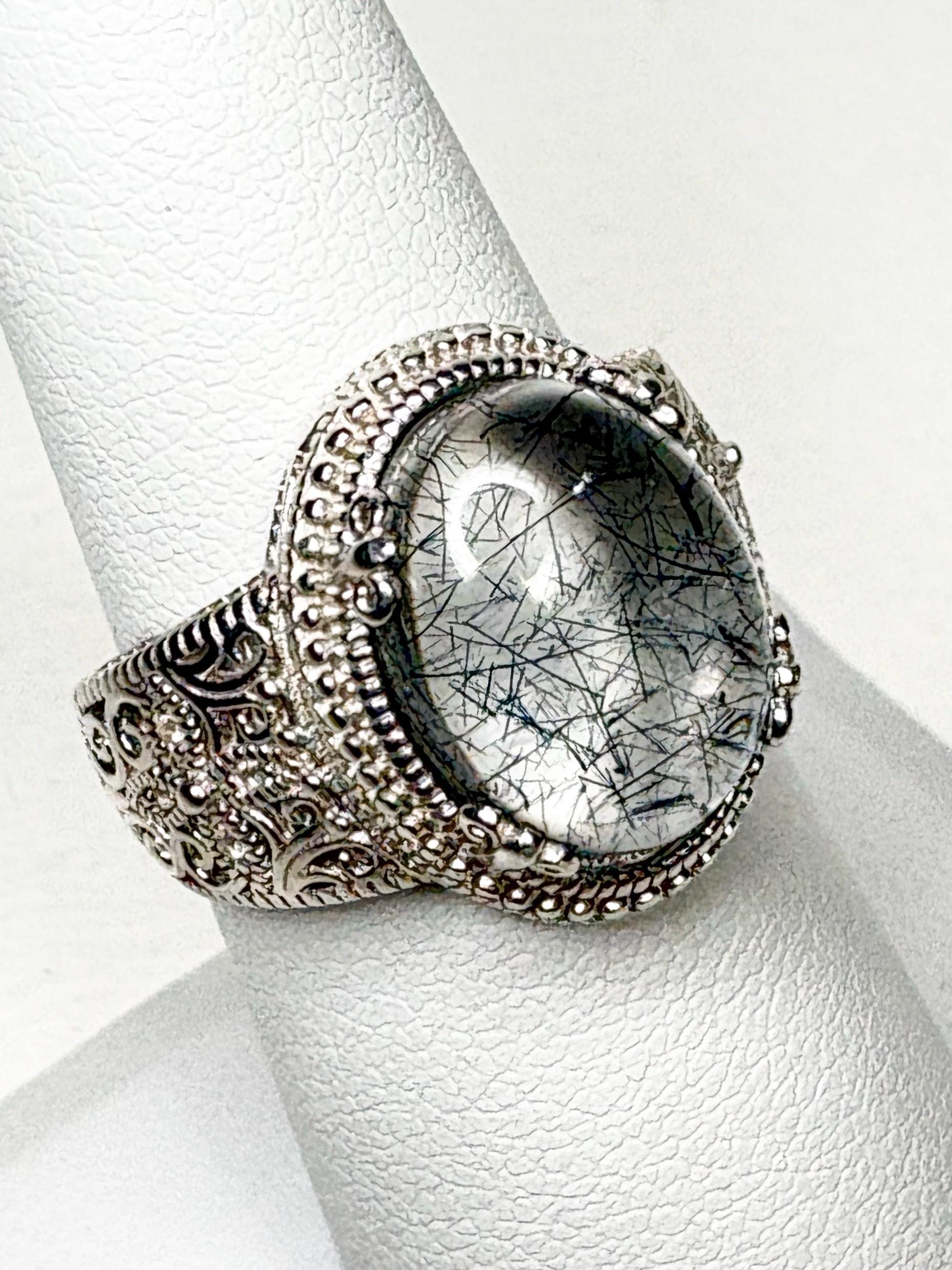 Tourmalated Quartz Cabochon Ring Sterling Silver size 7 - NewLifeJewelryVault