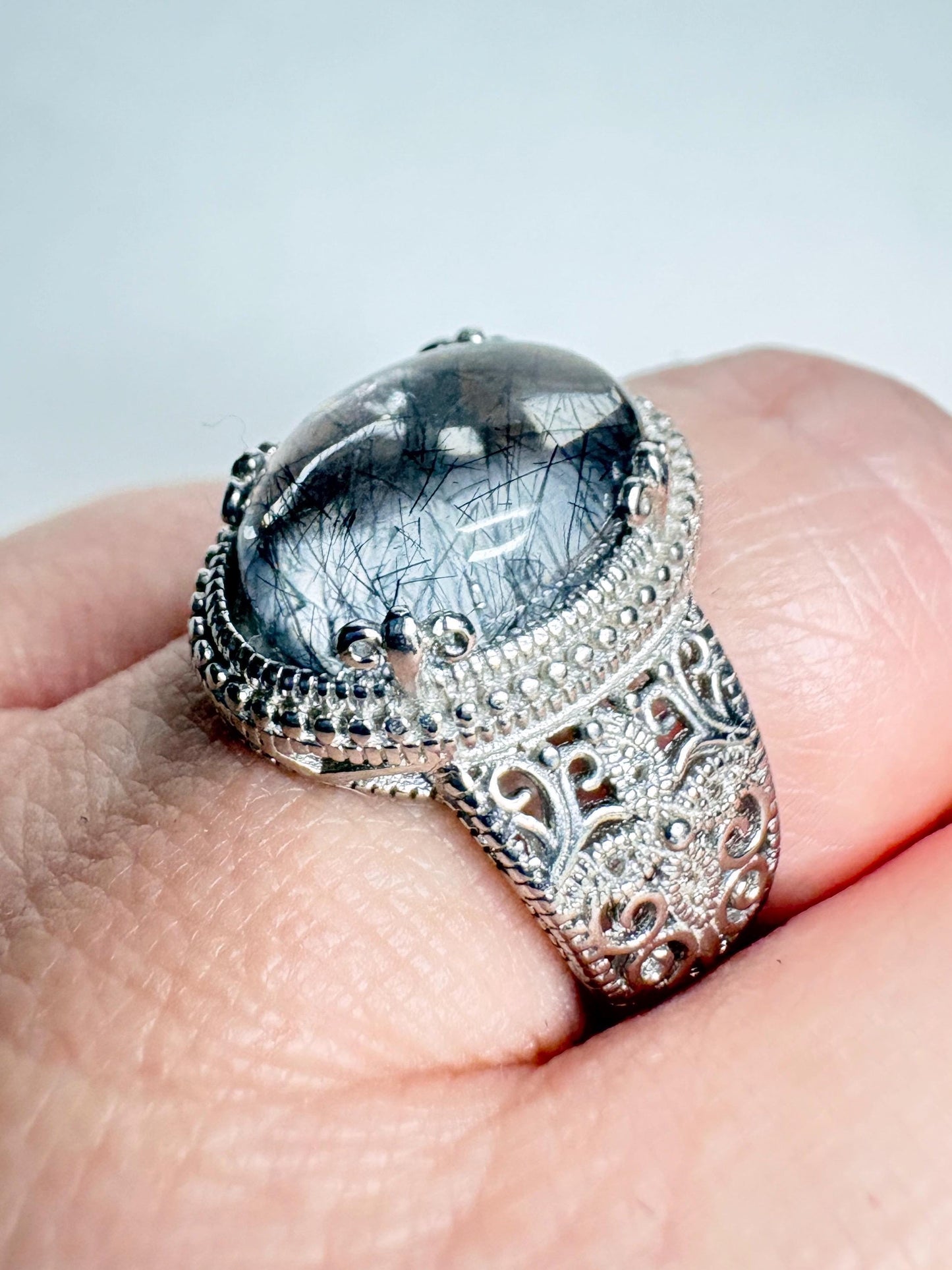 Tourmalated Quartz Cabochon Ring Sterling Silver size 7 - NewLifeJewelryVault