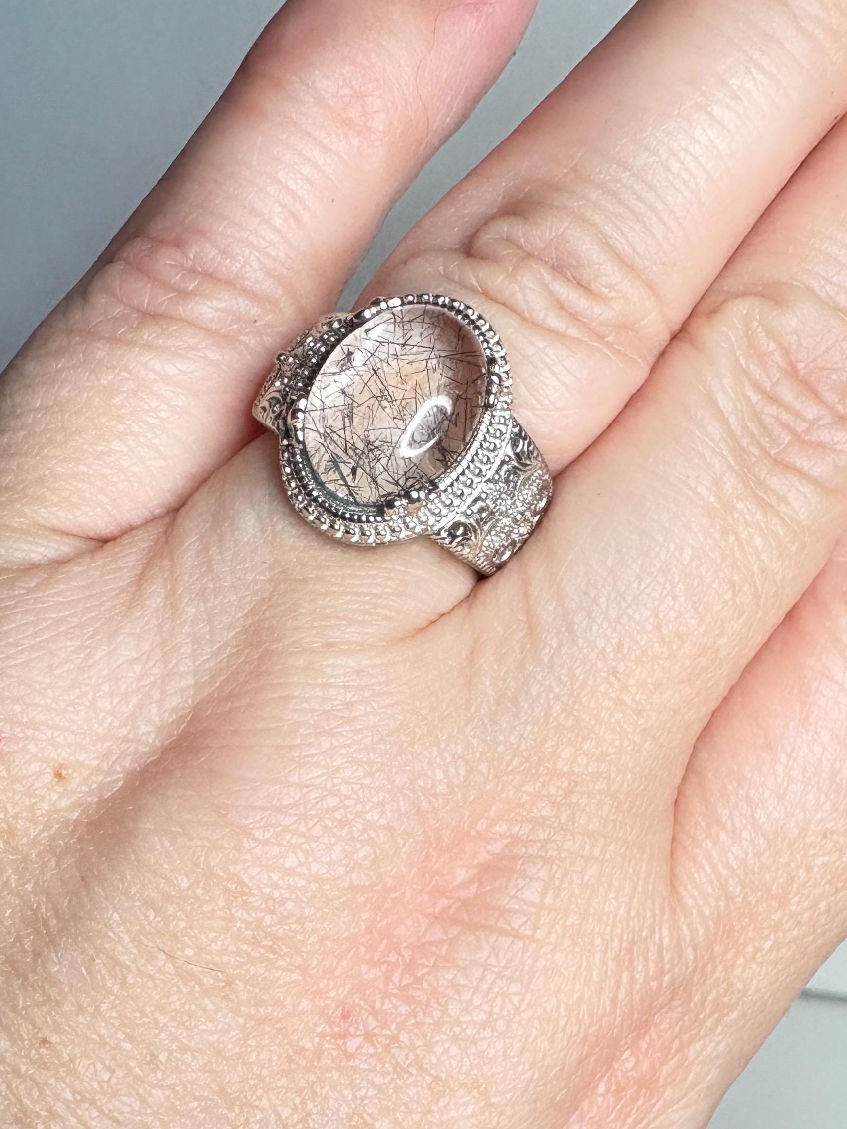 Tourmalated Quartz Cabochon Ring Sterling Silver size 7 - NewLifeJewelryVault