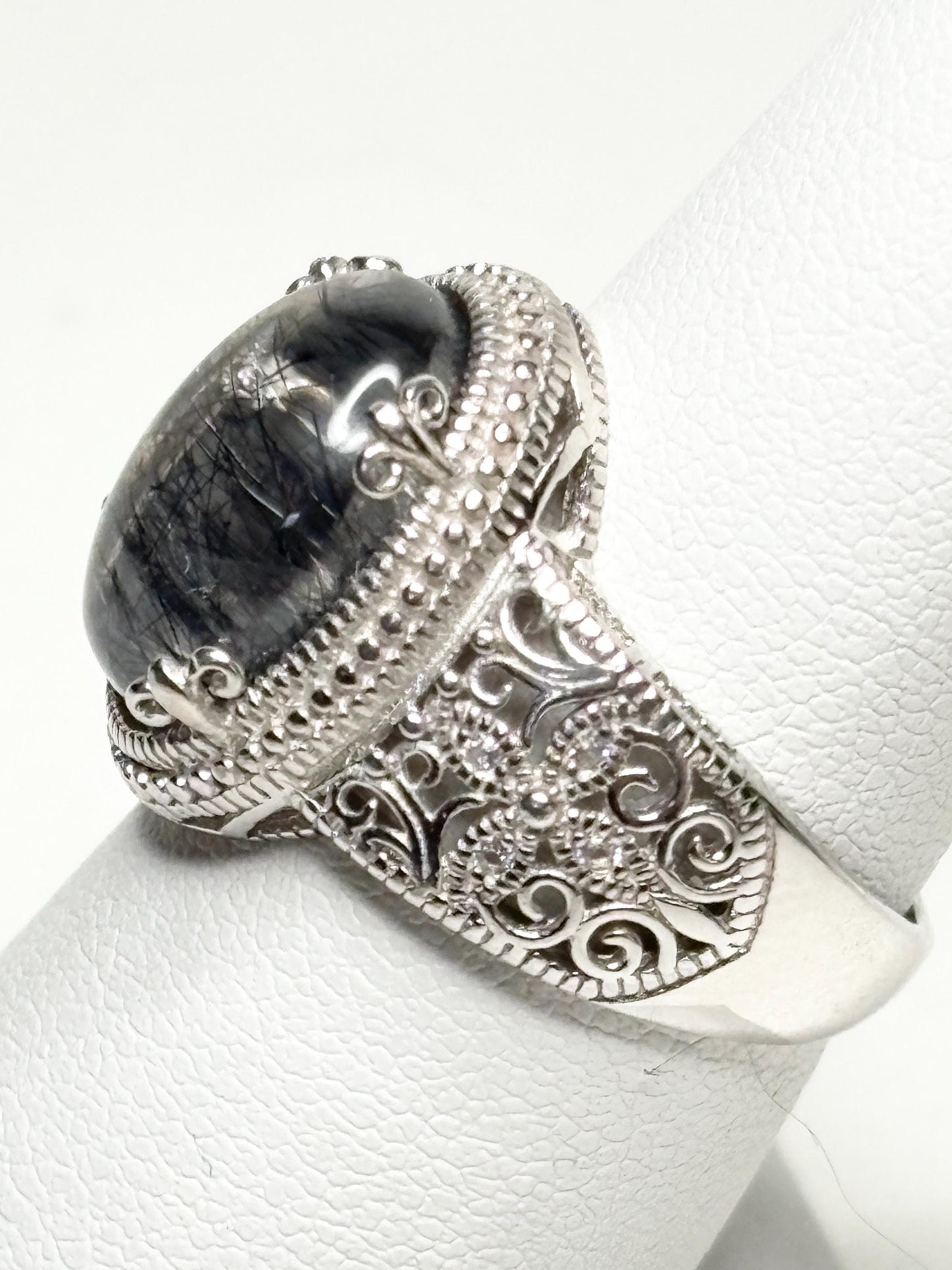 Tourmalated Quartz Cabochon Ring Sterling Silver size 7 - NewLifeJewelryVault