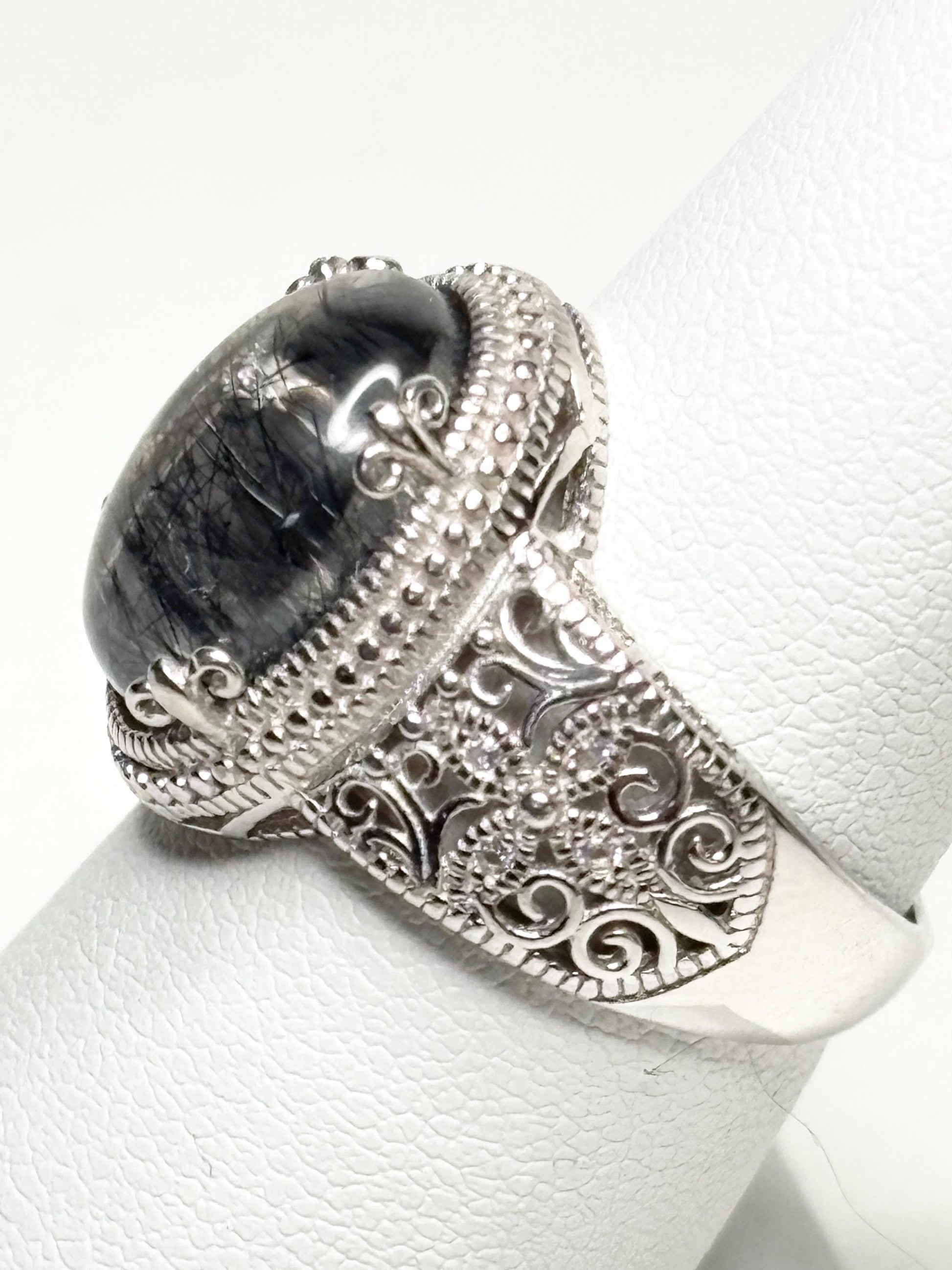 Tourmalated Quartz Cabochon Ring Sterling Silver size 7 - NewLifeJewelryVault