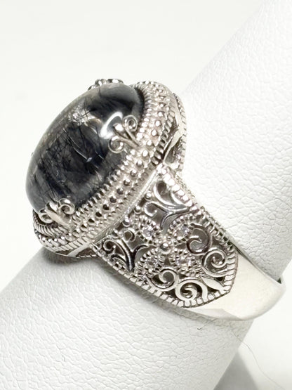 Tourmalated Quartz Cabochon Ring Sterling Silver size 7 - NewLifeJewelryVault