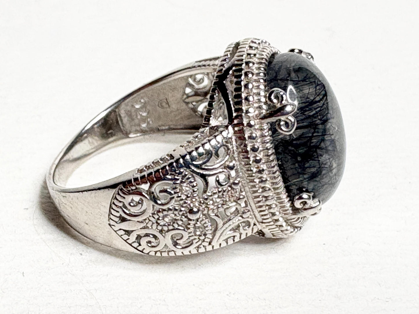 Tourmalated Quartz Cabochon Ring Sterling Silver size 7 - NewLifeJewelryVault