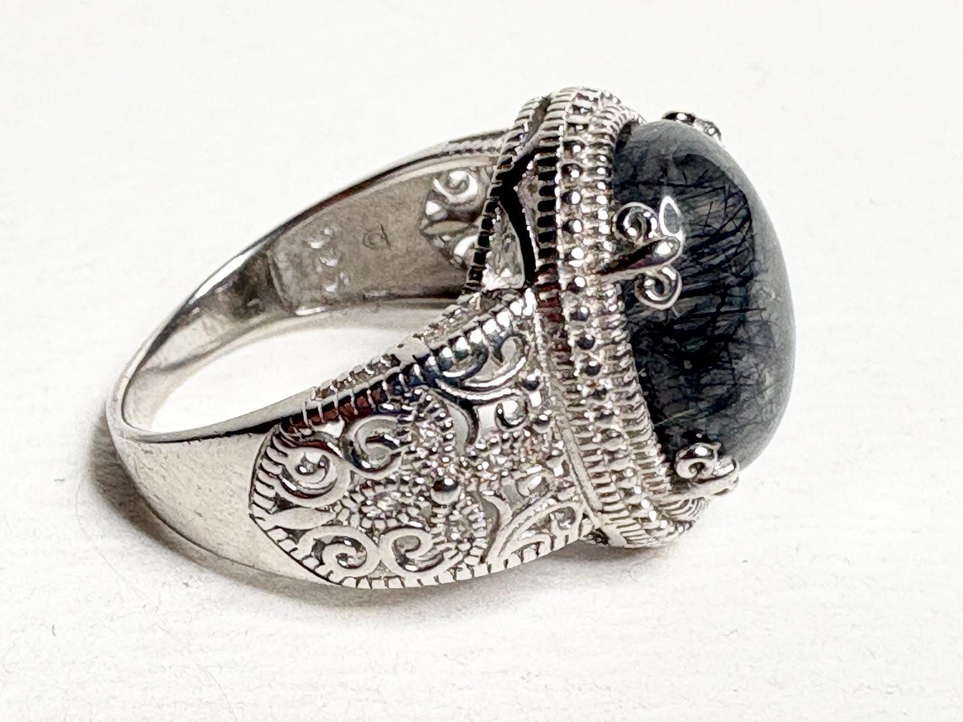 Tourmalated Quartz Cabochon Ring Sterling Silver size 7 - NewLifeJewelryVault